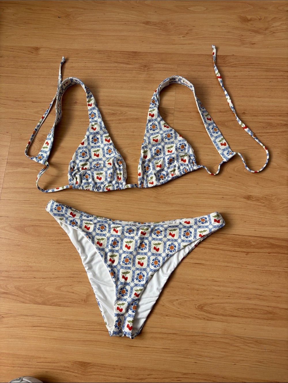 Dippin' Daisy's White Bikini with Blue and Red Tile Print